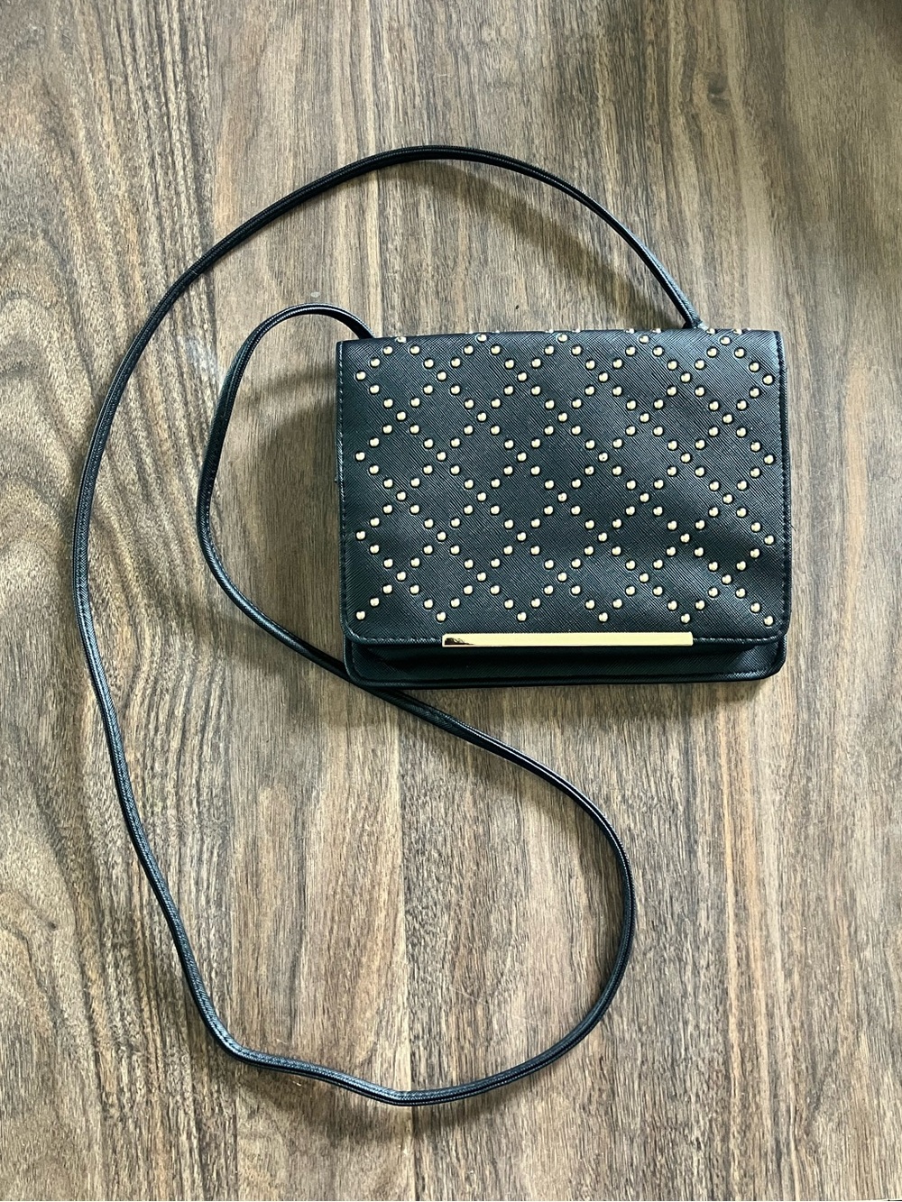 Black Studded Crossbody Bag with Gold Accent